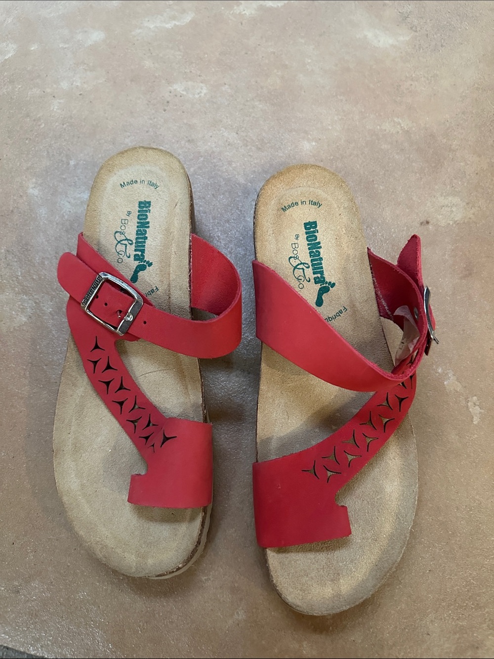 BioNatura Red Leather Geometric Cutout Slide Sandals, Size EU 38